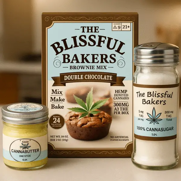 Image of The Blissful Bakers Home Hemp Bakers Sample Pack with infused brownie mix, sugar, and butter – 300mg Delta‑9 THC each